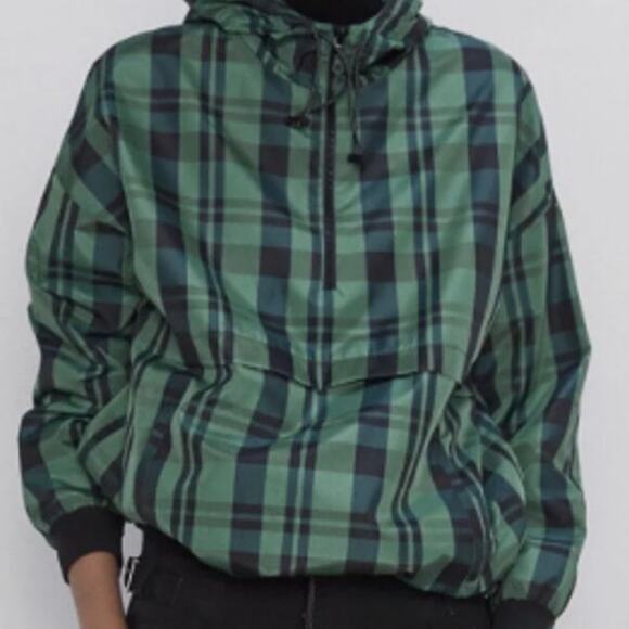 Zara Green & Black Plaid Windbreaker Pullover Hoodie Size Medium - Picture 2 of 9